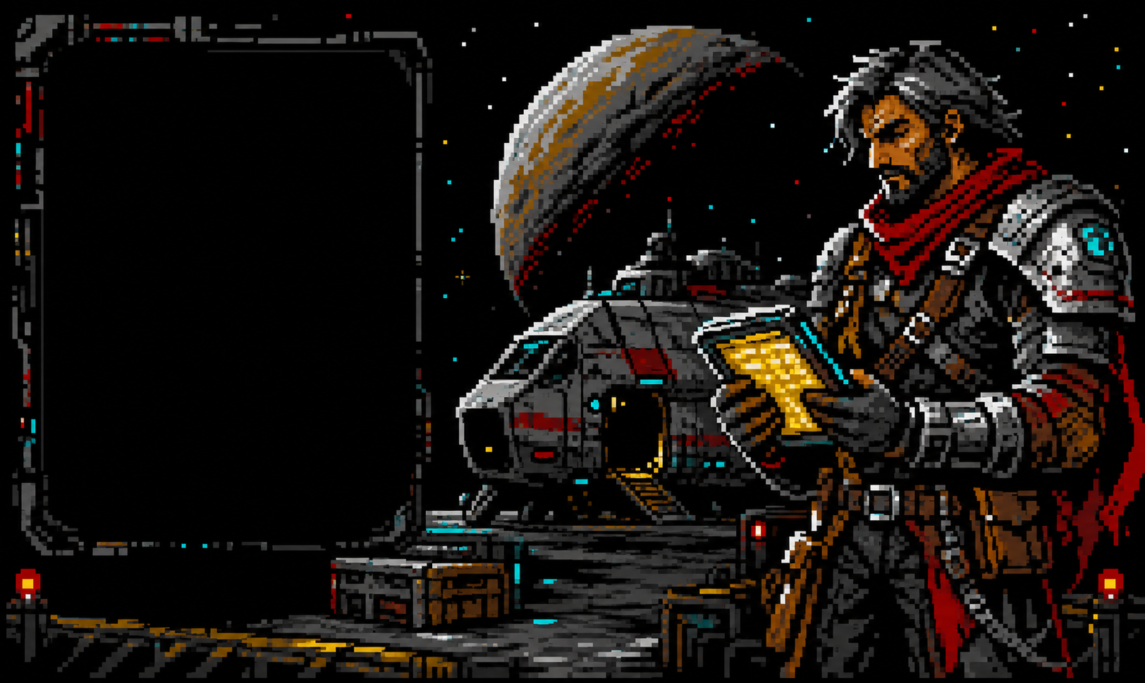 A pixel-art space trader beside a merchant ship at an orbital dock